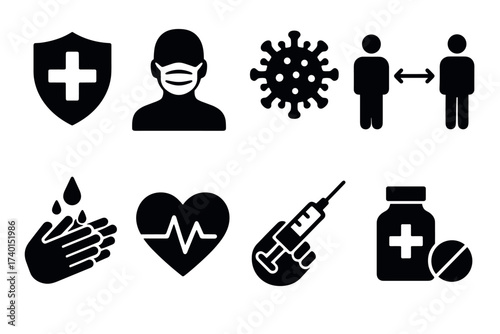Coronavirus and pandemic prevention icon set. Vector black symbols of health and safety