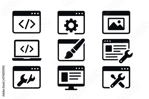 Web development and design icon set. Vector black symbols of coding and website creation