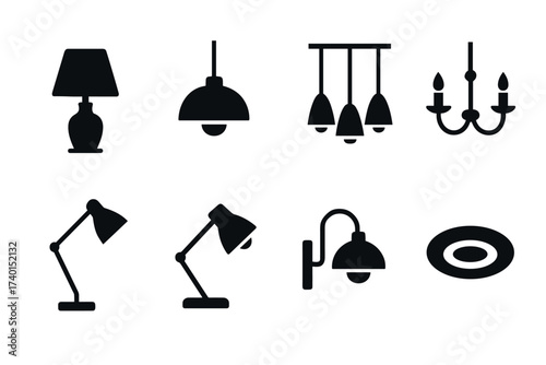 Lamps and lighting fixture icon set. Vector black symbols of home and interior illumination