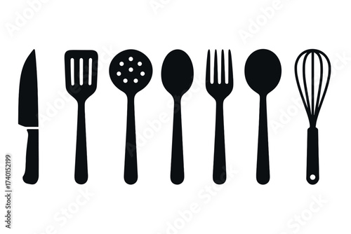 Kitchen utensils and cutlery icon set. Vector black symbols of cooking and dining