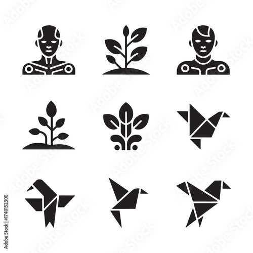 AI robots, plant life, origami birds, and nature icons - vector design elements
