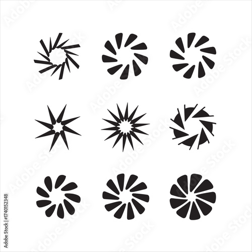 Collection of black abstract circular geometric shapes and sunburst vector icon designs