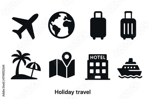 Holiday travel and vacation icon set. Vector black symbols of tourism and journey
