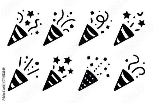 Party popper and celebration icon set. Vector black symbols of confetti and surprise