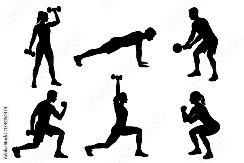 Fitness and workout silhouettes icon set. Vector black symbols of people exercising