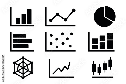 Charts and graphs icon set. Vector black symbols of data visualization and analytics