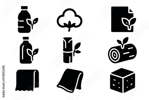 Natural and eco materials icon set. Vector black symbols of sustainable and organic resources