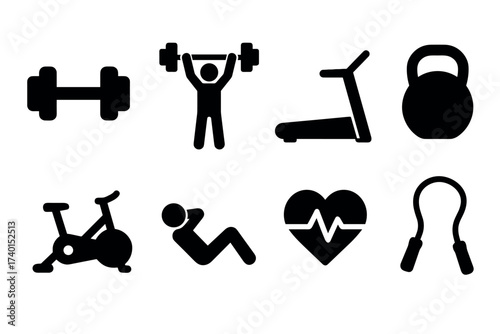 Fitness and gym icon set. Vector black symbols of workout and exercise