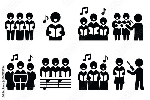 Choir and singing group icon set. Vector black symbols of vocal music and performance