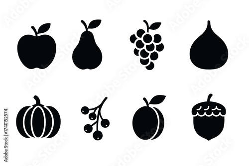 Autumn fruits and harvest icon set. Vector black symbols of fall season produce