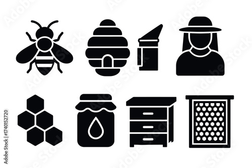 Beekeeping and honey production icon set. Vector black symbols of apiary and apiculture