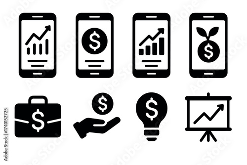 Mobile investment and fintech icon set. Vector black symbols of online banking and finance