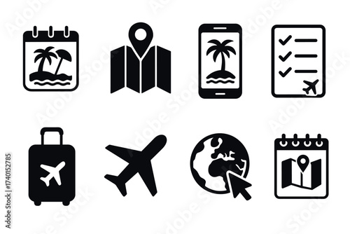 Travel and vacation planning icon set. Vector black symbols of booking and tourism