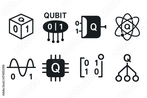 Quantum computing icon set. Vector black symbols of quantum physics and technology