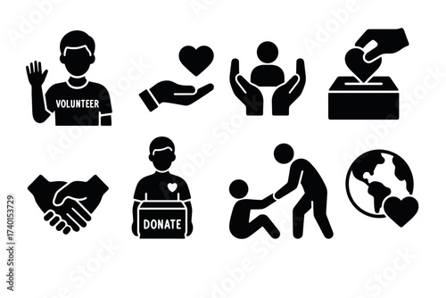 Volunteering and charity icon set. Vector black symbols of donation and support