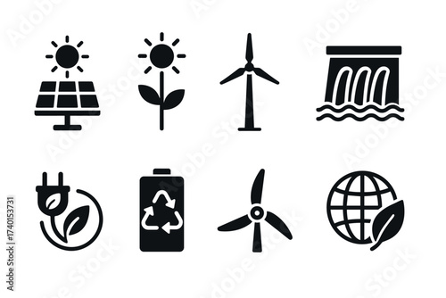 Renewable energy and green power icon set. Vector black symbols of sustainable resources