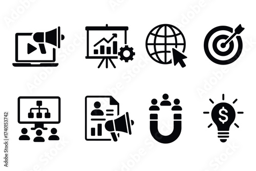 Digital marketing and online strategy icon set. Vector black symbols of advertising and promotion