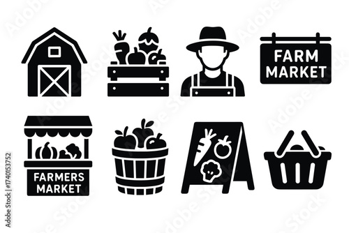 Farmers market and local farm icon set. Vector black symbols of fresh and organic produce