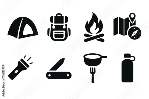 Camping and Outdoor Icon Set. Vector black travel symbols of tent, backpack, campfire, map, flashlight, knife, cookware, and water bottle illustrations