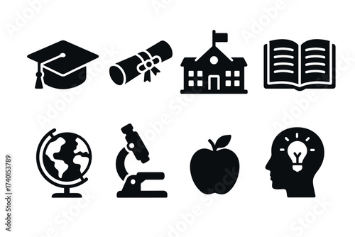 Education and learning icon set. Vector black symbols of school and knowledge