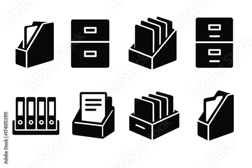 Office organizer and filing cabinet icon set. Vector black symbols of document storage