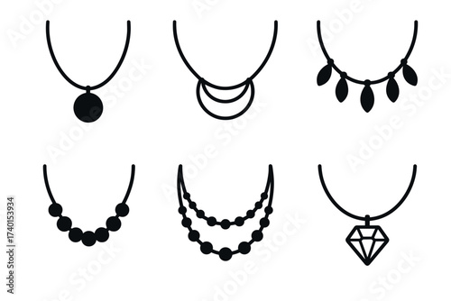 Necklace and jewelry icon set. Vector symbols of fashion and accessories