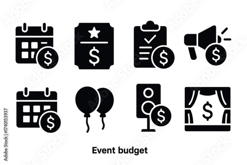 Event budget and planning icon set. Vector black symbols of finance and management