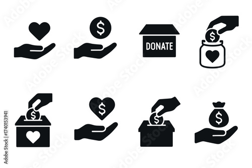 Donation and charity icon set. Vector black symbols of giving and support