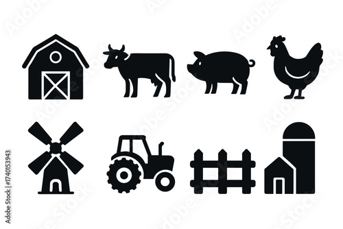 Farm and agriculture icon set. Vector black symbols of rural life and livestock