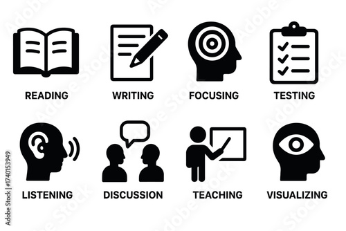 Learning methods and study techniques icon set. Vector black symbols of education