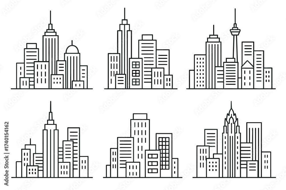 City skyline and urban landscape icon set. Vector line art symbols of metropolis architecture City skyline and urban landscape icon set. Vector line art symbols of metropolis architecture