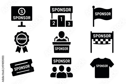 Sponsorship and event partnership icon set. Vector black symbols of marketing and support