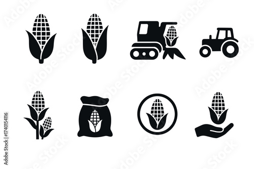 Corn harvest and farming icon set. Vector black symbols of agriculture and crops