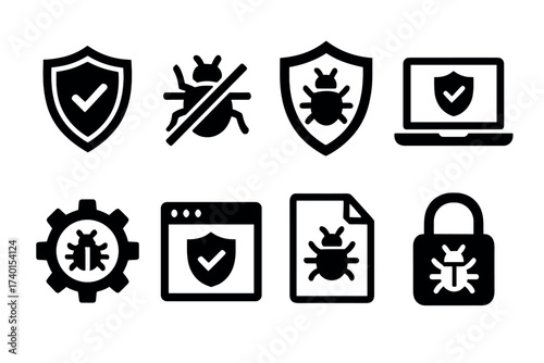 Antivirus and computer security icon set. Vector black symbols of virus protection