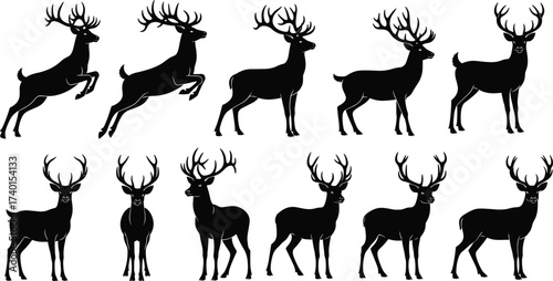 Deer silhouette pack, antlered wildlife poses, black vector animals, leaping and standing stances, forest hunting icons, nature anatomy illustration