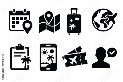 Travel and Vacation Icon Set. Vector black tourism symbols of calendar, map, suitcase, globe, ticket, phone app, and trip planning glyph illustrations