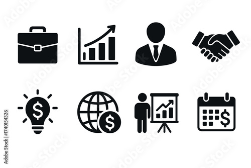 Business and finance icon set. Vector black symbols of corporate growth and investment