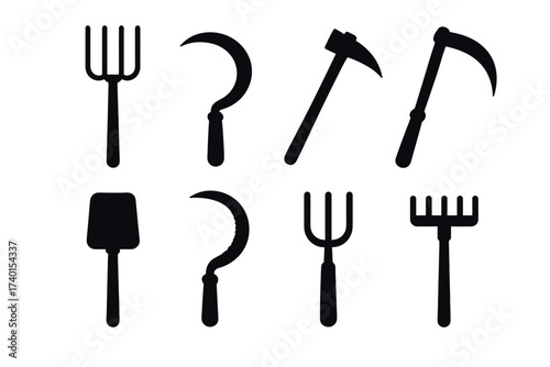 Farming tools and agriculture equipment icon set. Vector black symbols of manual labor
