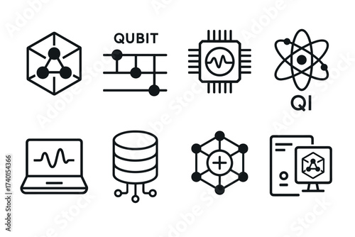 Quantum information (QI) and technology icon set. Vector line art symbols of quantum computing