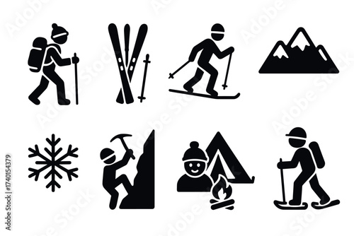 Winter sports and mountain activities icon set. Vector black symbols of snow and ice adventure