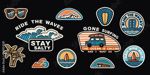 Collection of retro surf inspired stickers featuring waves surfboards palm trees and vans