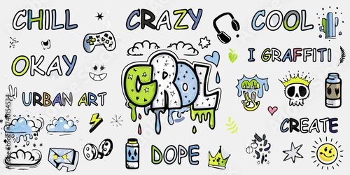 Collection of vibrant graffiti style lettering and doodles with urban art and creative elements
