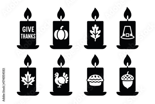 Thanksgiving Candle Icon Set. Vector black autumn holiday symbols of pumpkin candle, maple leaf, pilgrim hat, pie, acorn, and gratitude glyph illustrations