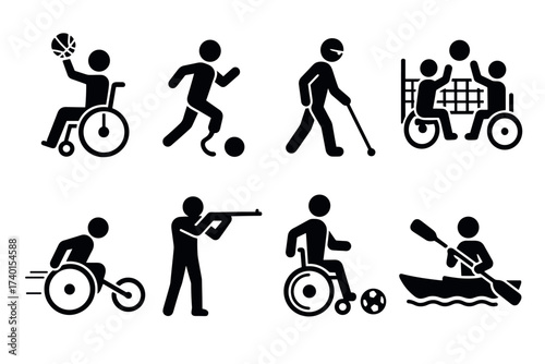 Parasports and adaptive sports icon set. Vector black symbols of athletes with disabilities