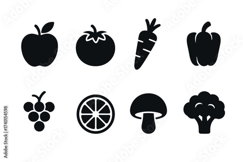 Fruits and vegetables icon set. Vector black symbols of healthy and organic food