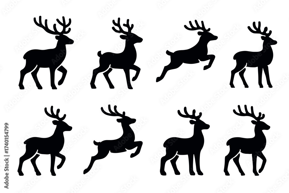 Fototapeta premium Reindeer and deer silhouette icon set. Vector black symbols of Christmas and wildlife