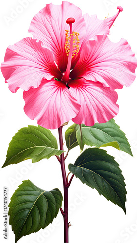 Vibrant pink hibiscus flower with lush green leaves