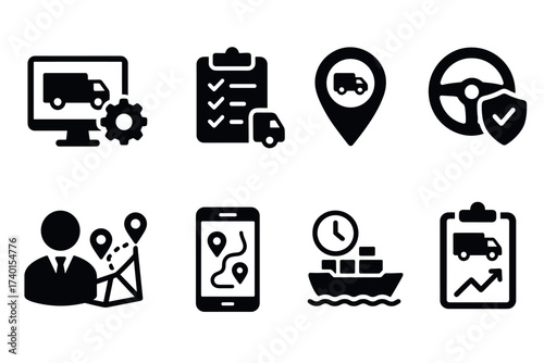 Fleet management and logistics icon set. Vector black symbols of transport and tracking