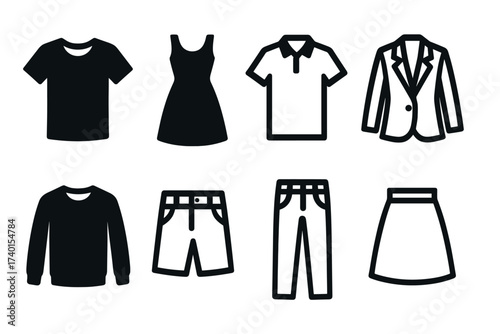 Clothing and apparel icon set. Vector symbols of fashion and garments