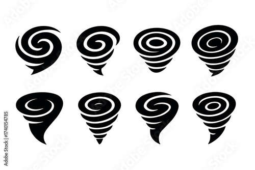 Tornado and Cyclone Icon Set. Vector black weather symbols of hurricane, twister, storm warning, and natural disaster glyph illustrations
